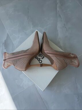 Open Edit from Nordstrom Nude Mesh Rhinestone Pointed Toe Mid-Heel Boots